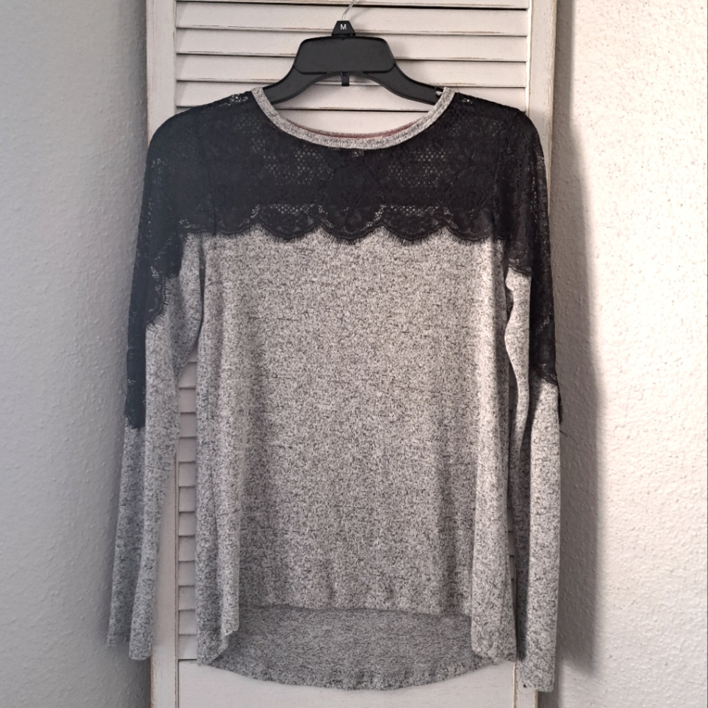 Rewind Black Lace Trim Grey Longsleeve Top
